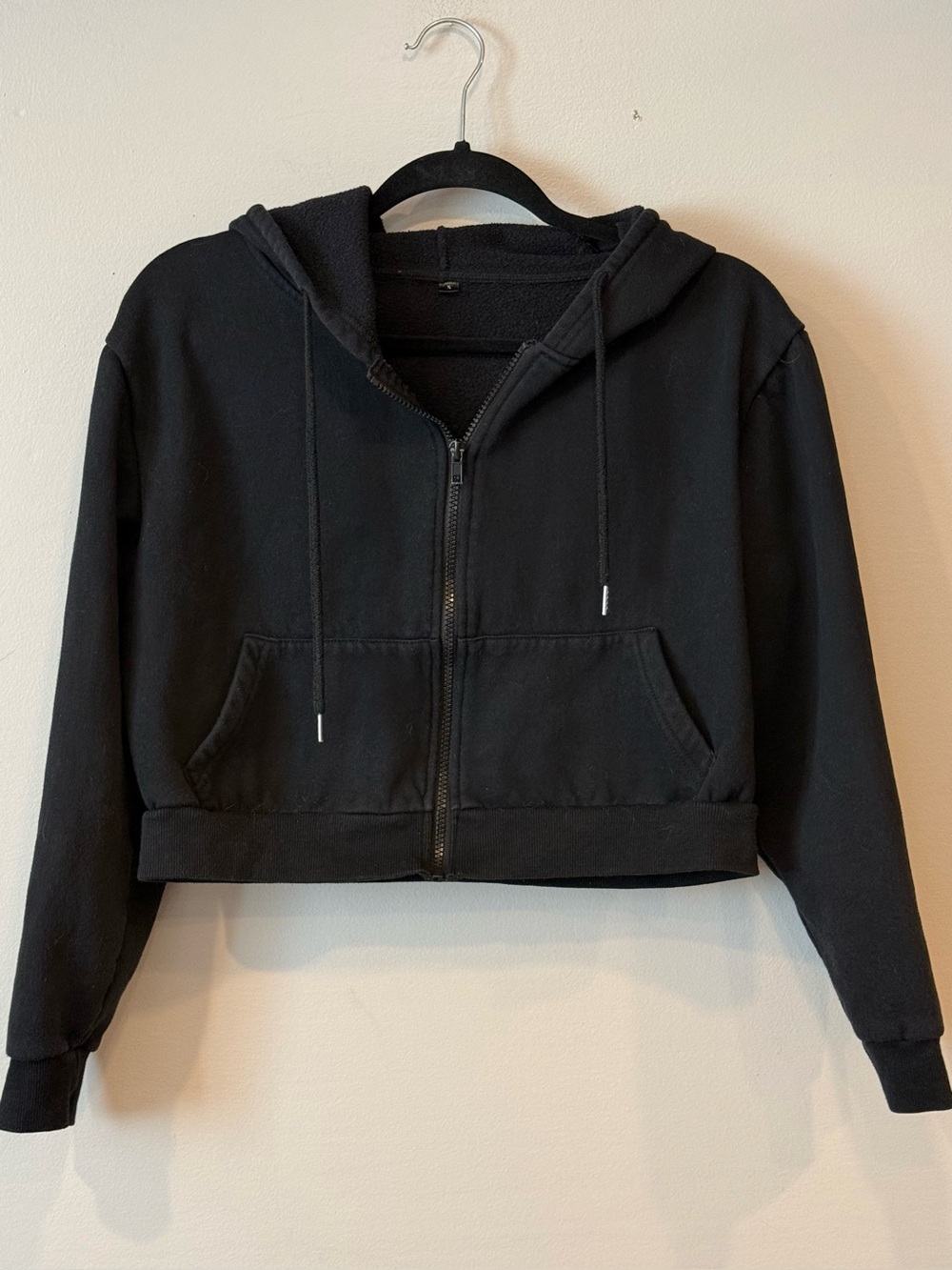 Basic Black Cropped Full Zip Hoodie Fleece Casual Size Small